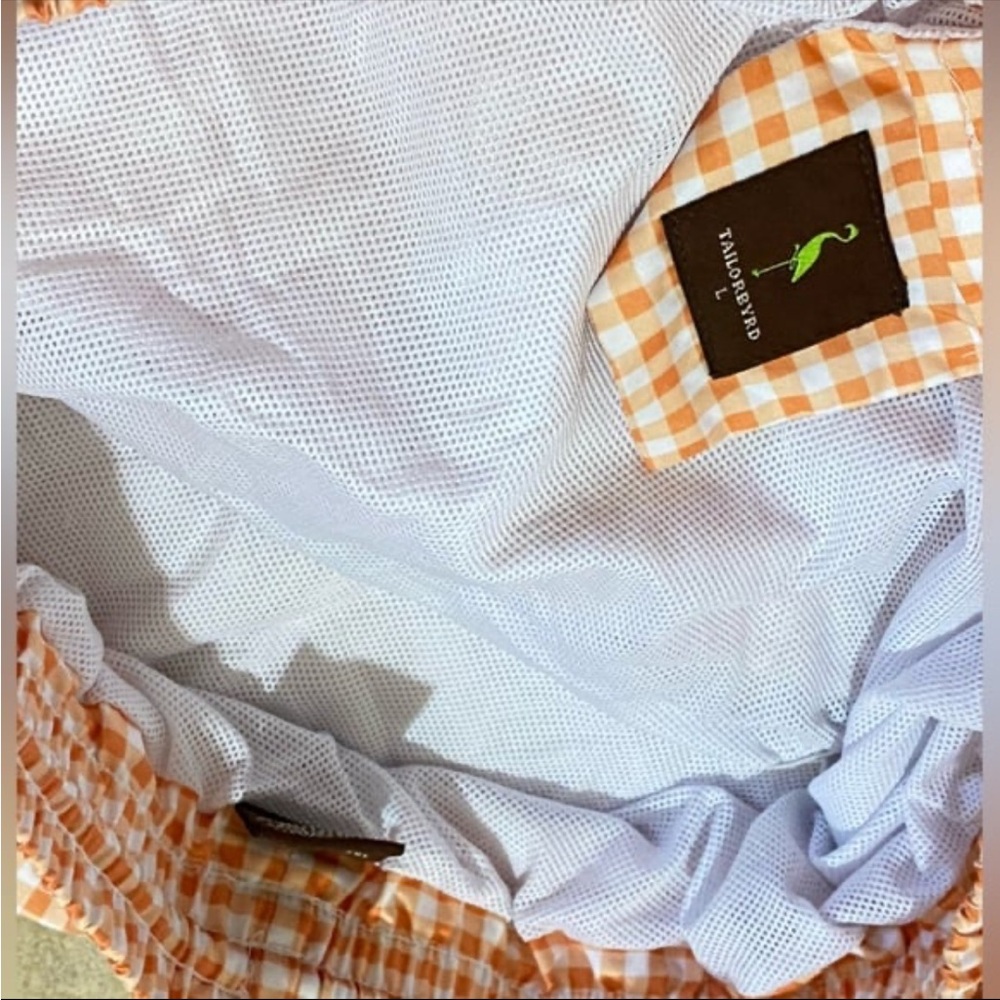 TailorByrd Mens Swim Trunks Large Orange White Gingham 6” Inseam Lined Pockets - Picture 9 of 10